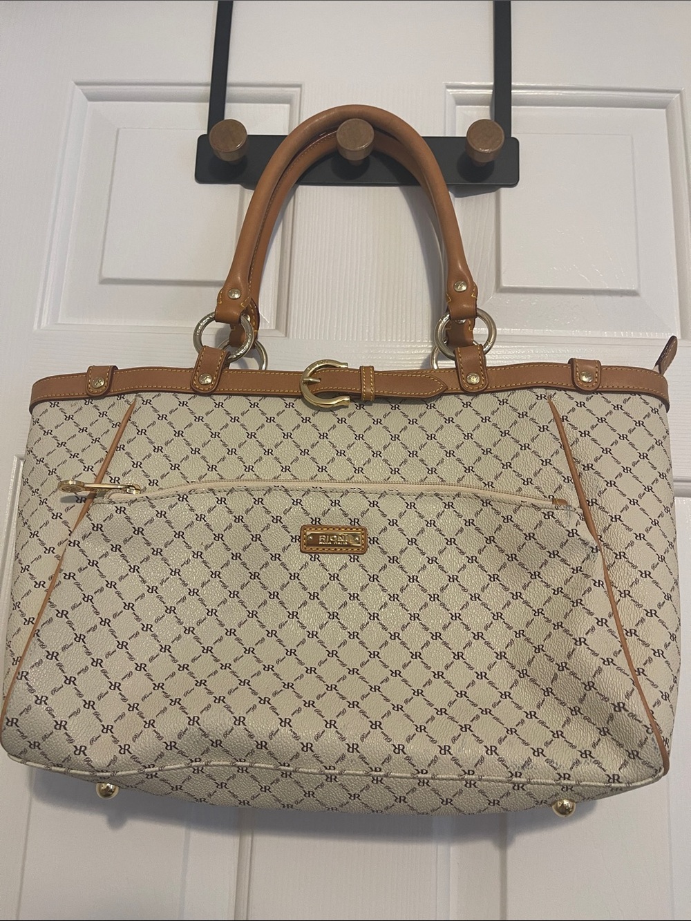 Rioni Cream Monogram Tote with Tan Leather Handles